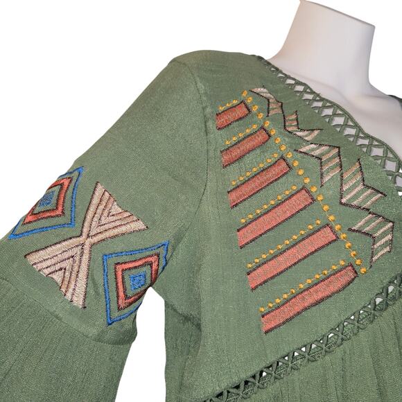 Rebellion Again Womens L Mini Dress Green Triangle Cutouts Tribal Rustic Aztec - Picture 4 of 13